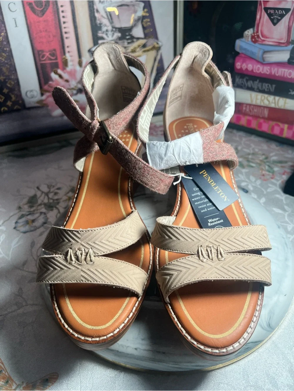 Pendleton Tan and Brown Crisscross Wedge Sandals